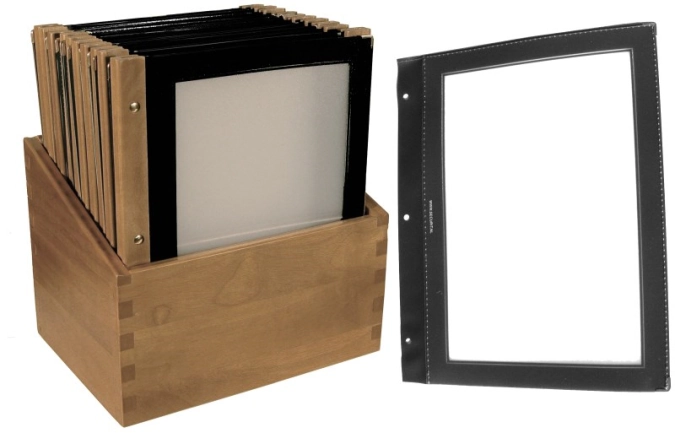 Speisekartenmappe Holz schwarz Kasten mit 20 Karten