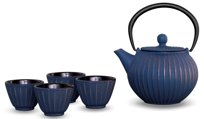 Teekannenset mit 4 Bechern, 500ml, Gusseisen, Blau