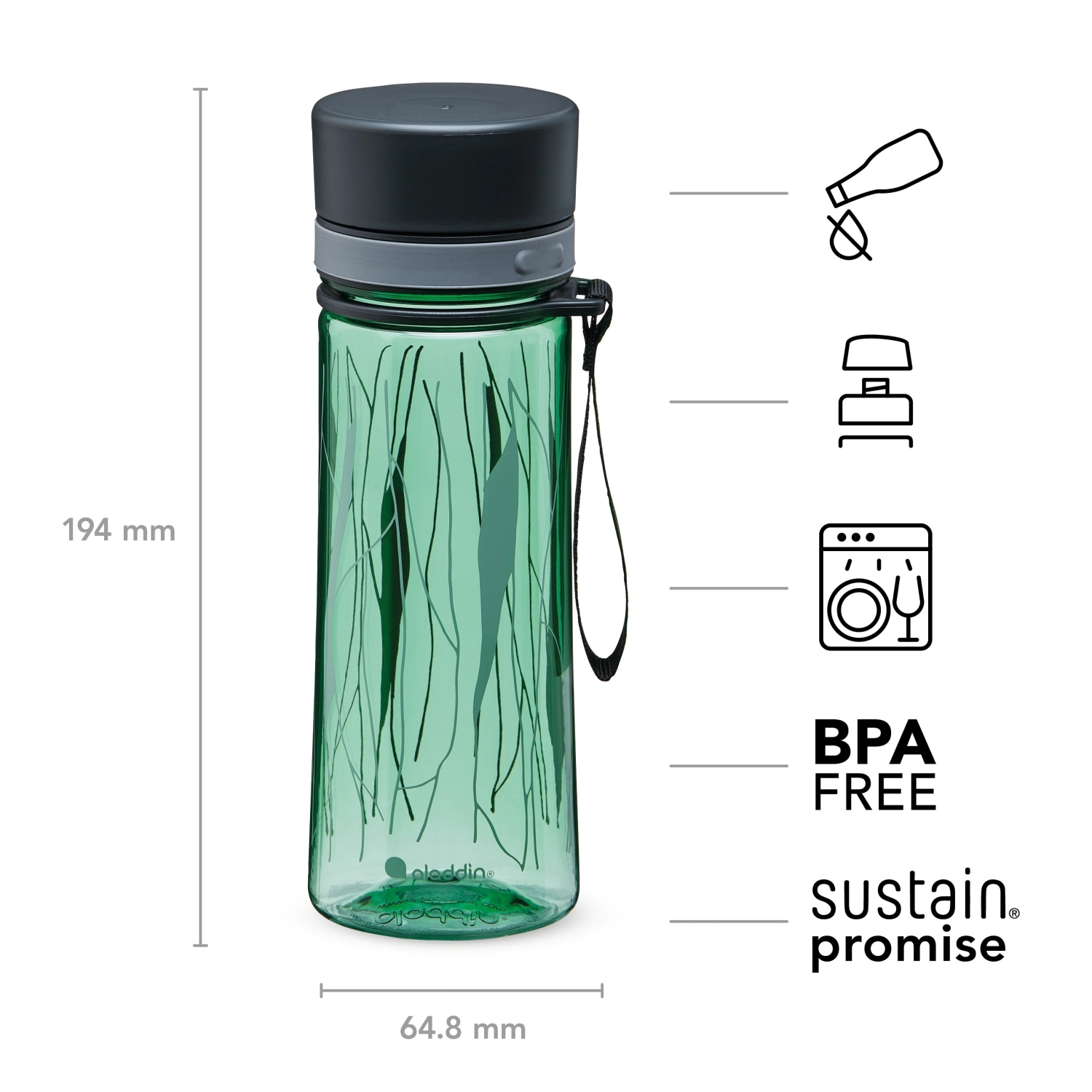 Aveo Water Bottle 0.35L Basil Green Print