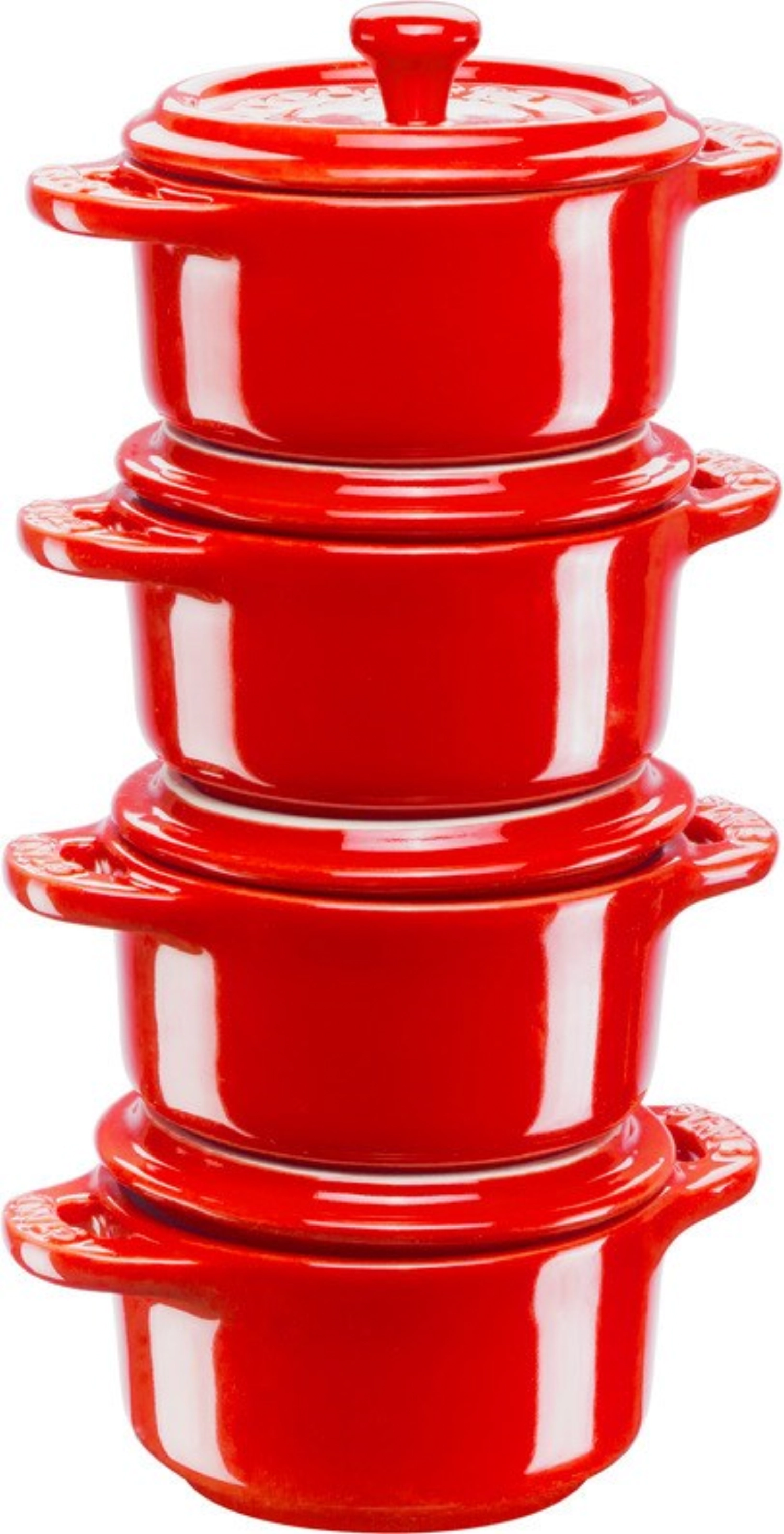 4 mini cocottes rondes en céramique rouge cerise 0.2l d10 cm