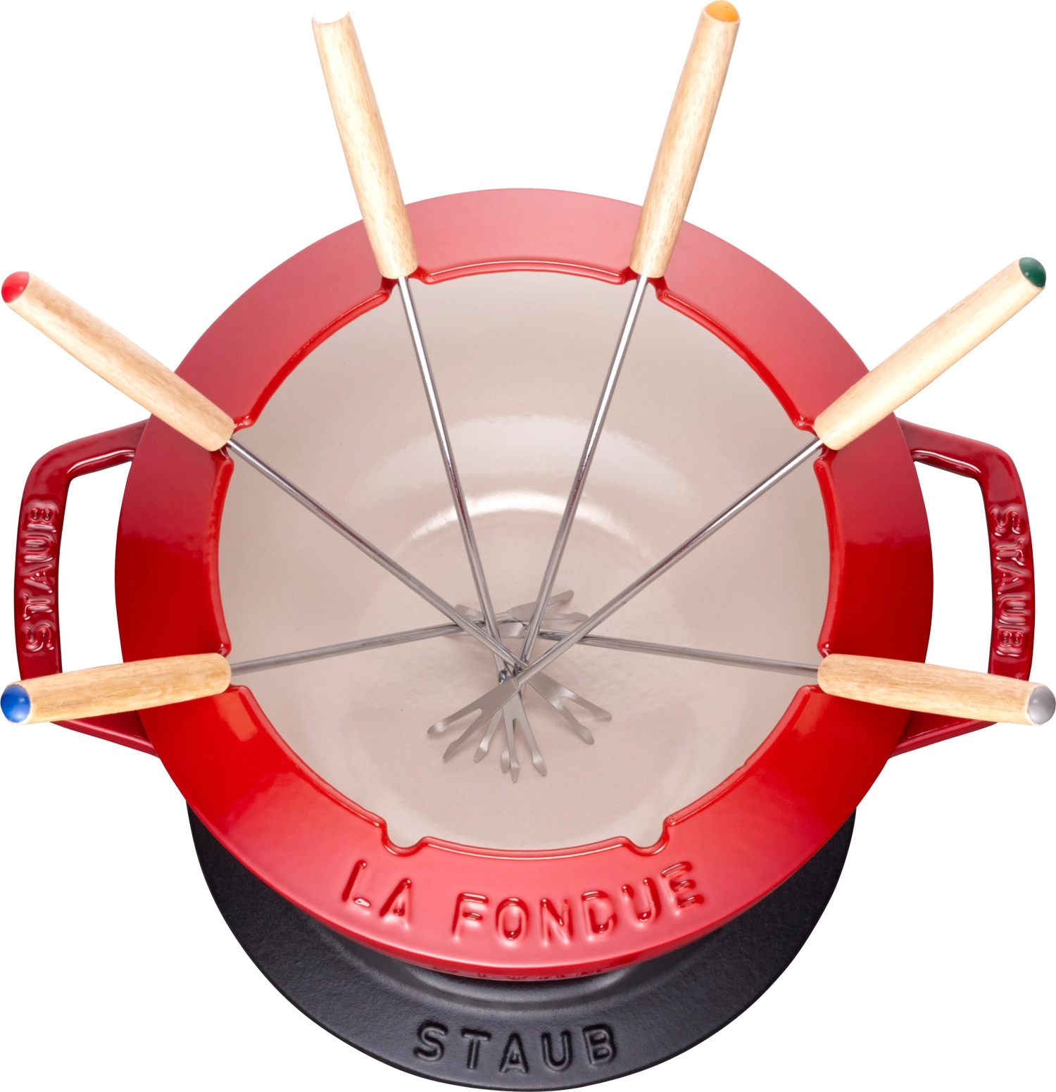 Service à fondue rouge cerise avec 2 poignées, rond. 20 cm