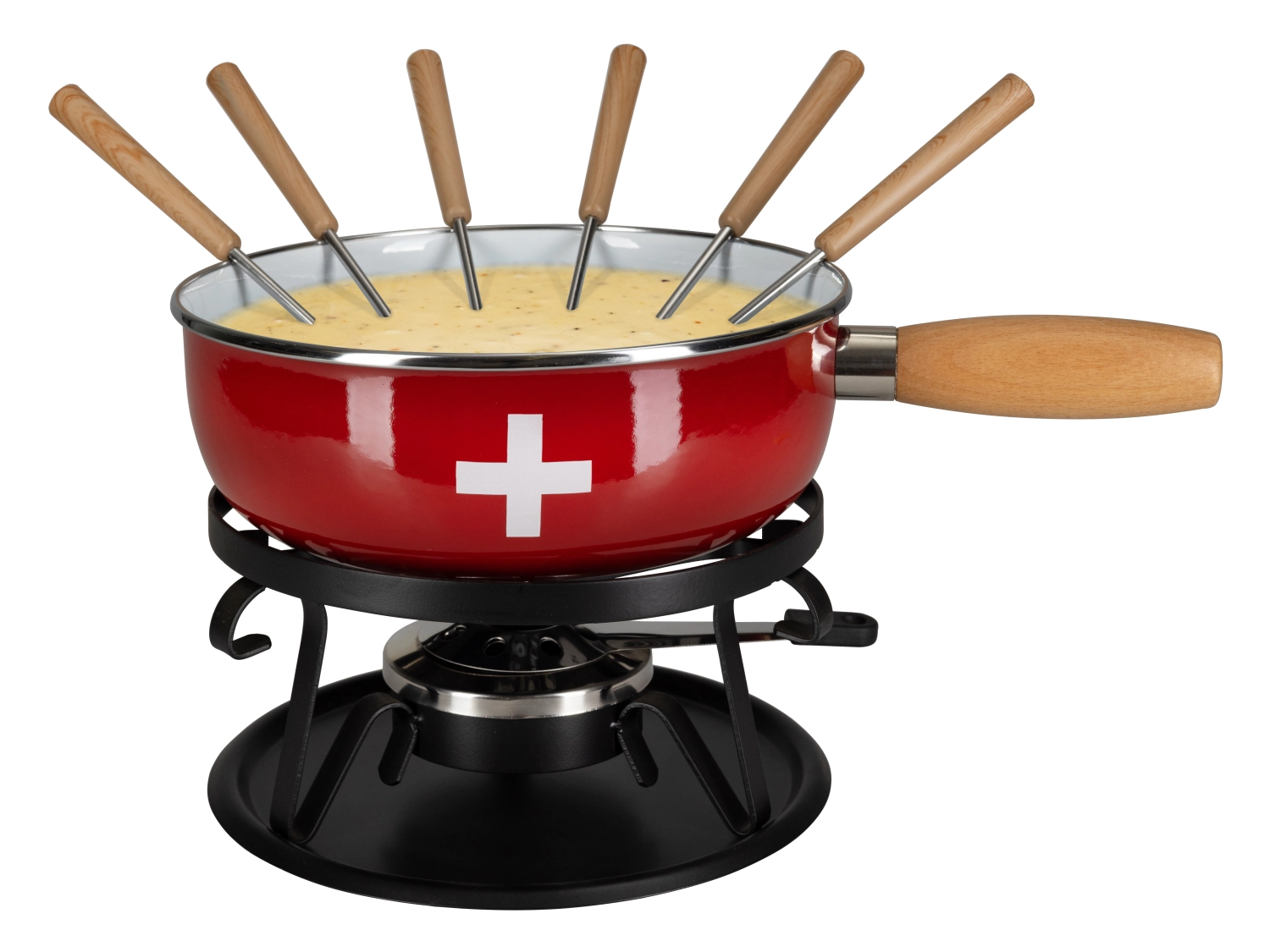 Käsefondue-Set, Emaille CH-Kreuz,9-teilig,Ø22 cm,rot