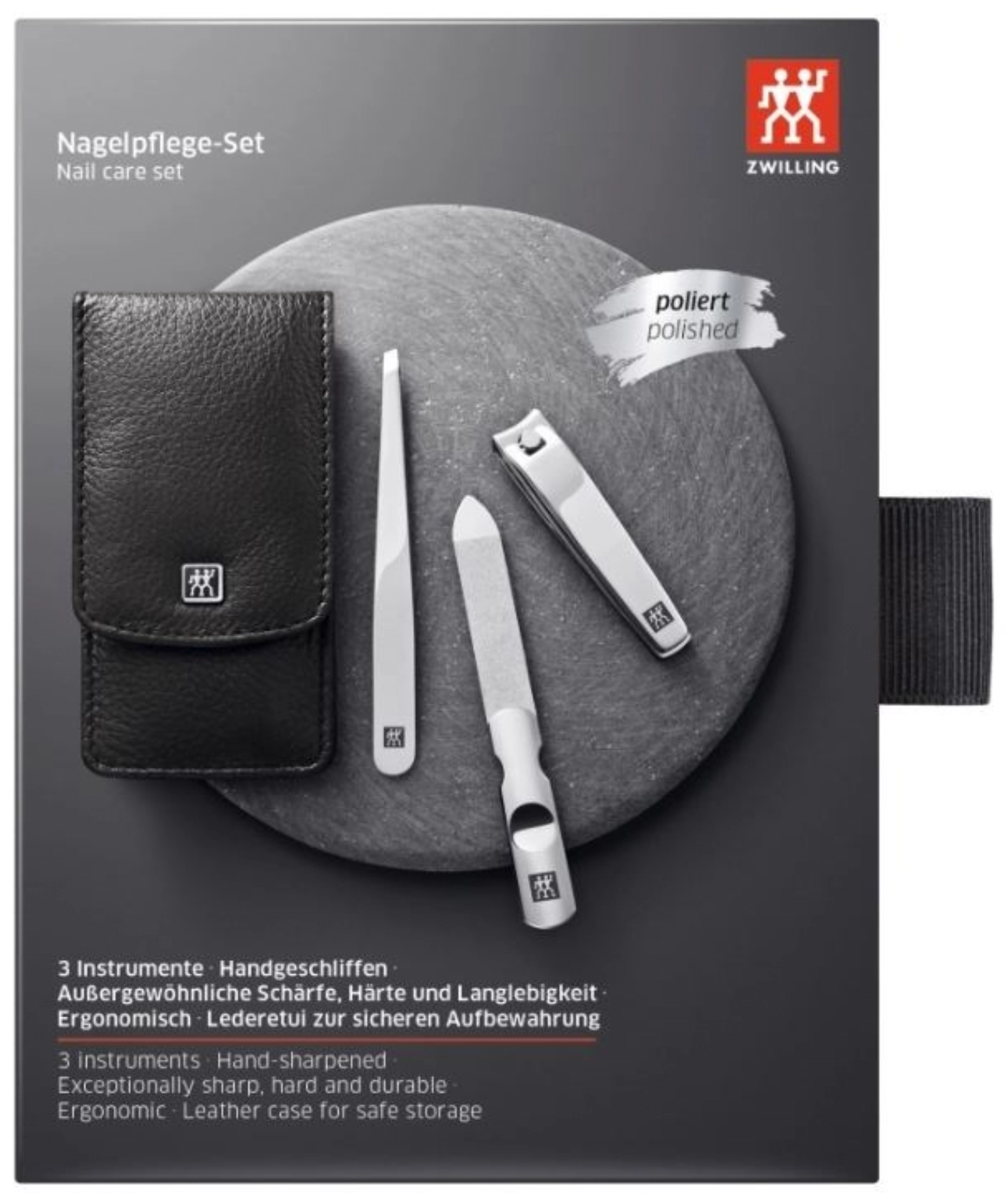 Etui de poche, cuir de vachette, noir, 3 pcs.