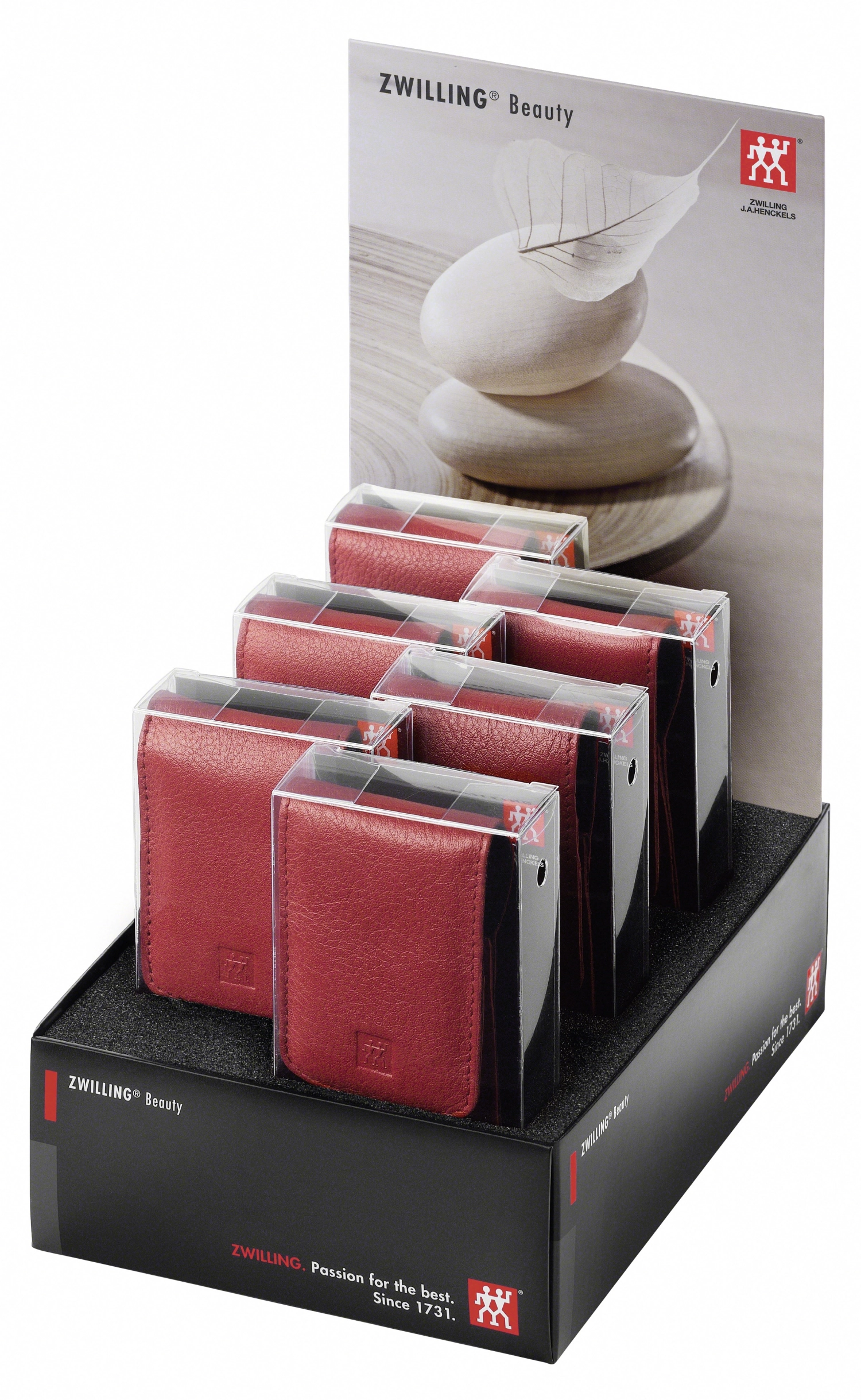 Display mit 6 Taschenetuis in rot