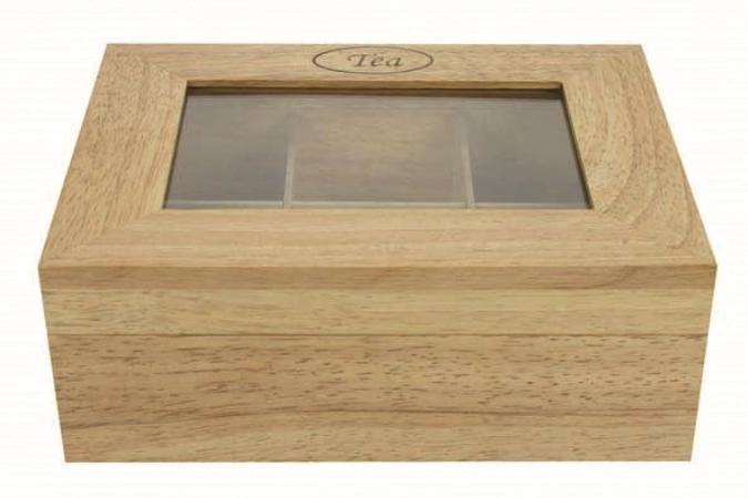 Teebox m. 6 Fächer Glasdeckel Holz, 23.8x18.8cm
