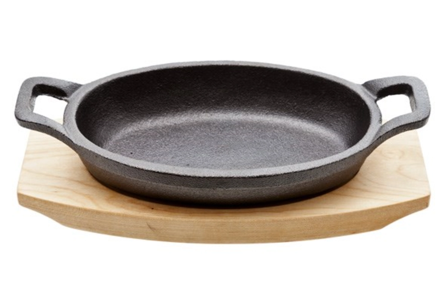 Gusseisenpfanne oval 15.5x10cm auf Holzbrett