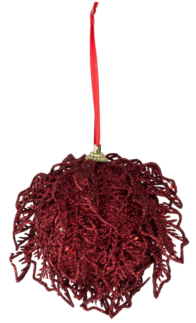 Boule a suspendre glitter leaves rouge f once d10cm plastic