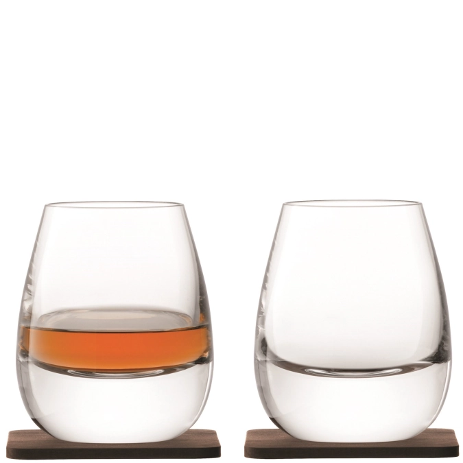 2er Set Whisky Islay Becher 250ml - klar und Nussbaum Unters
