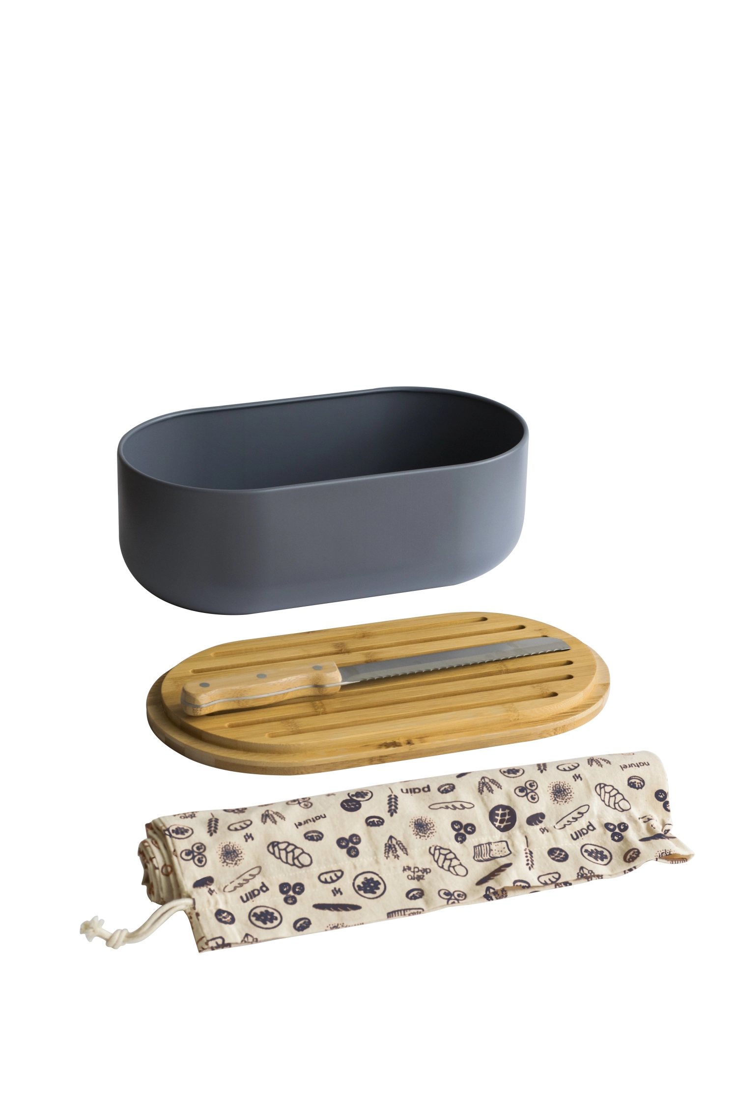 Pebbly boîte à pain avec tranchoir, couteau, sac à pain