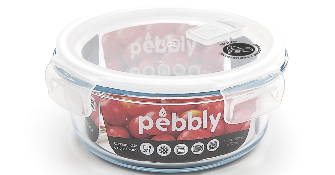 Pebbly boîte à provisions en verre avec valve, ronde 95cl