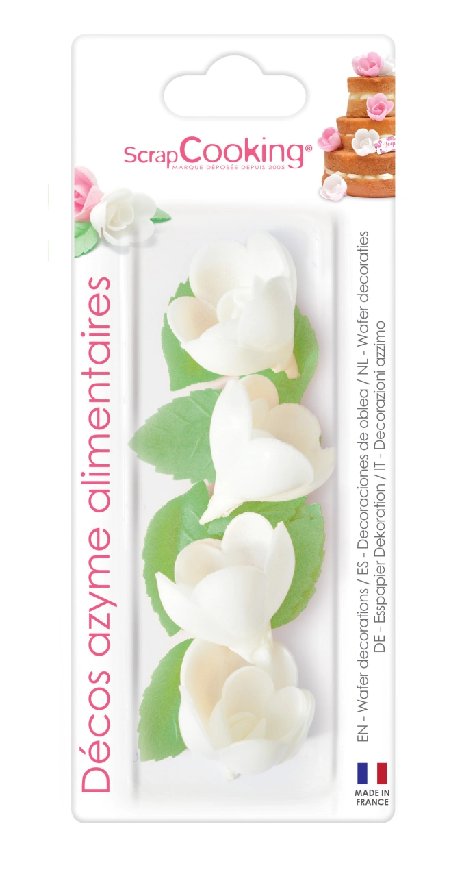 4 roses blanches+ 6 feuilles vertes azyme (blister)