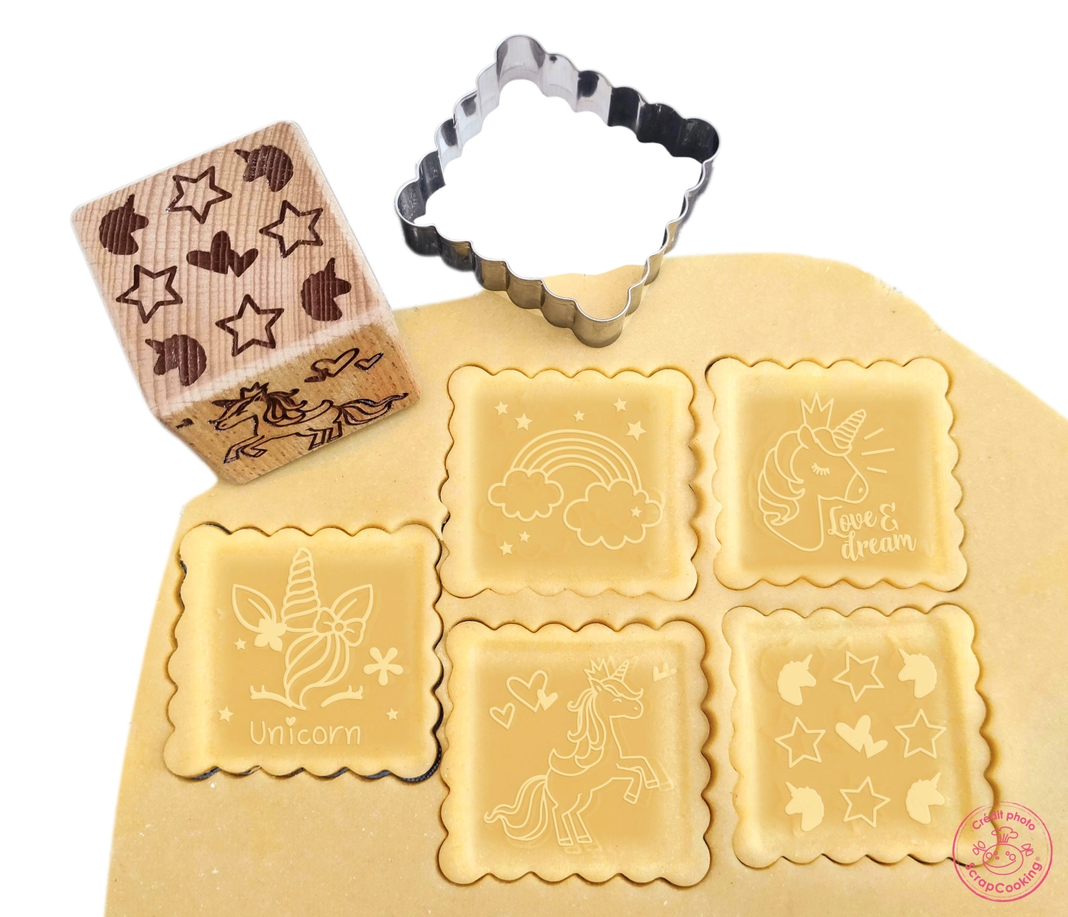 Cookie stamp, emporte-pièce et tampon cubique, licorne