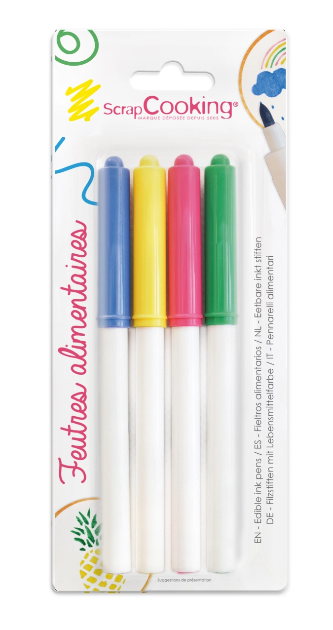 4 crayons alimentaires bleu, jaune, rose, vert