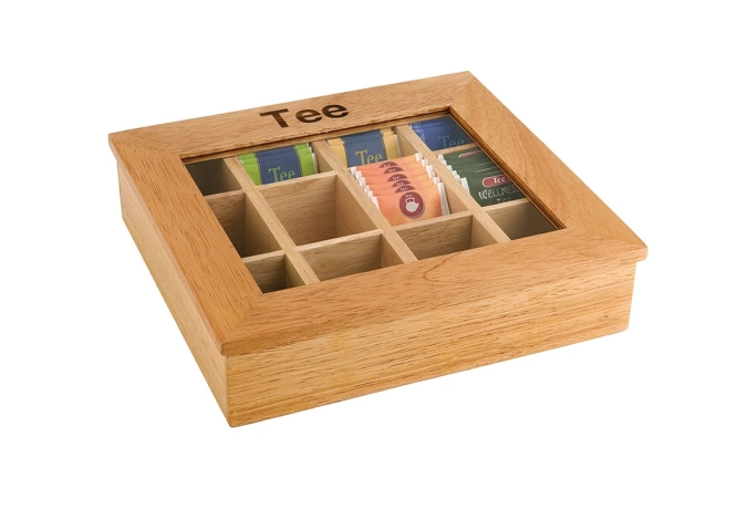 Teebox mit 12 Kammern, 30x28cm, H9cm, helles Holz