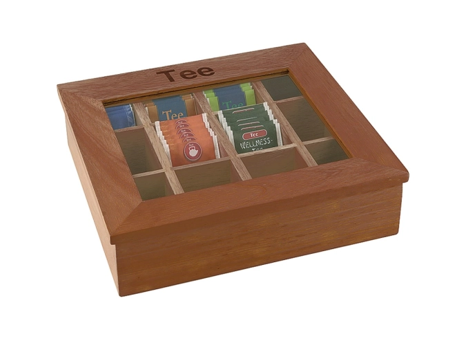 Teebox mit 12 Kammern, 30x28cm, H9cm, dunkles Holz