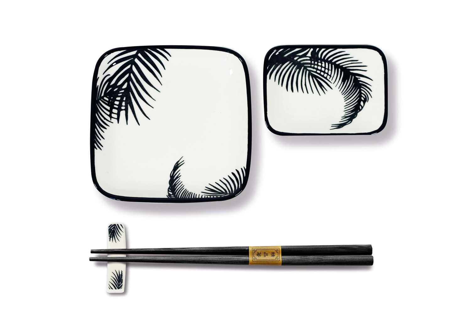 2er Set Teller eckig mit Stäbchen und Ablage, grün