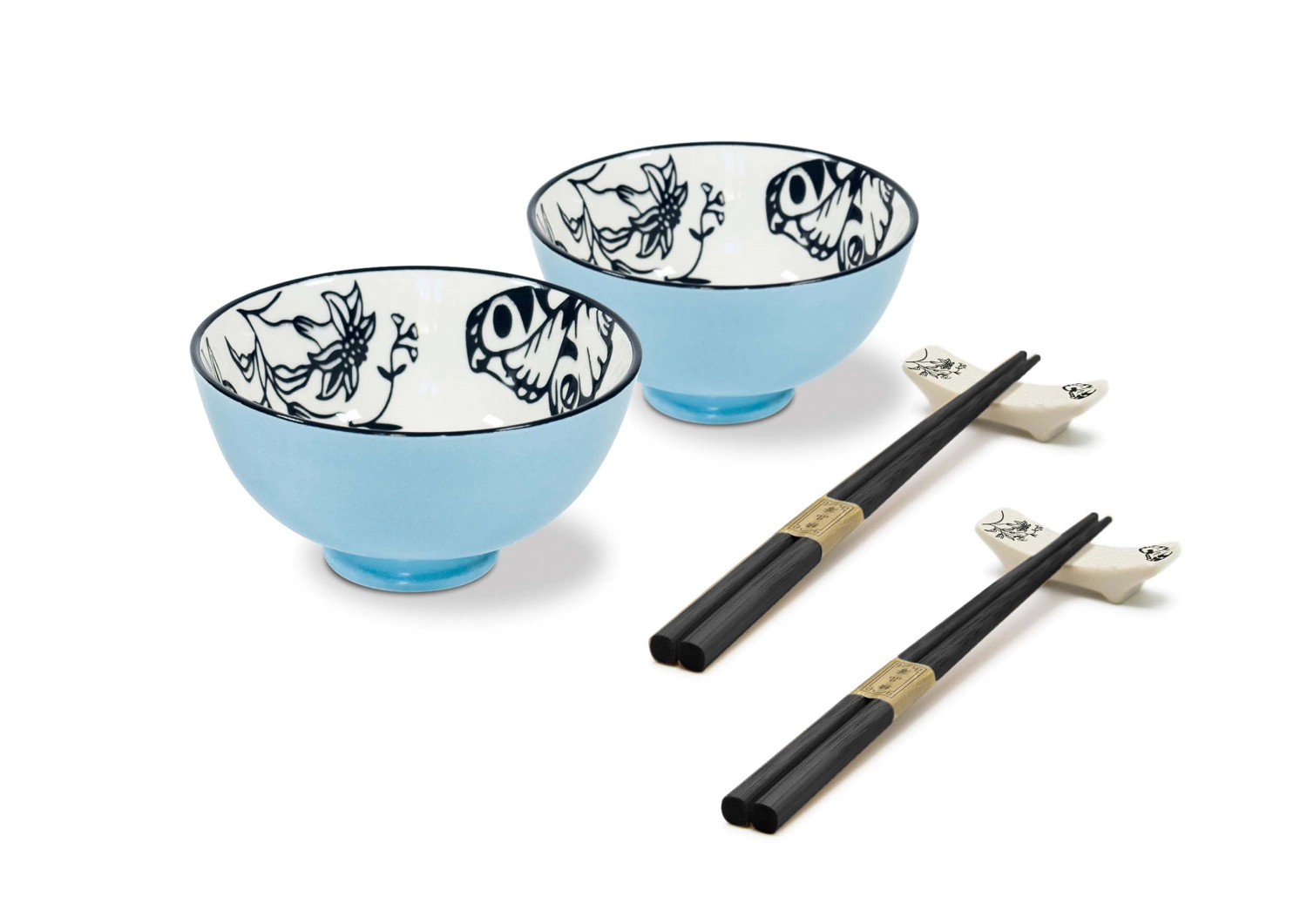 Set de 2 bols a. baguettes et support, bleu