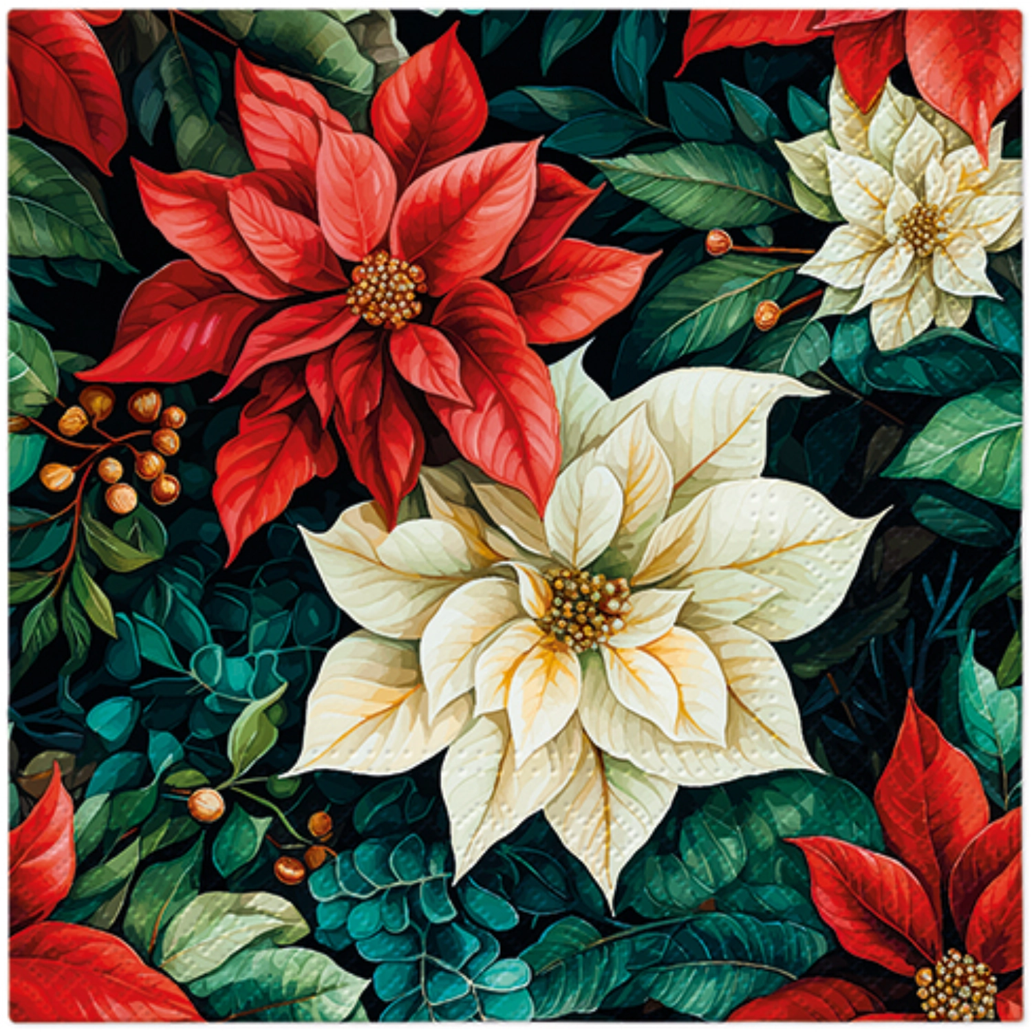 Serviettes de table Lunch 20x Poinsettia On Black, 33x33cm