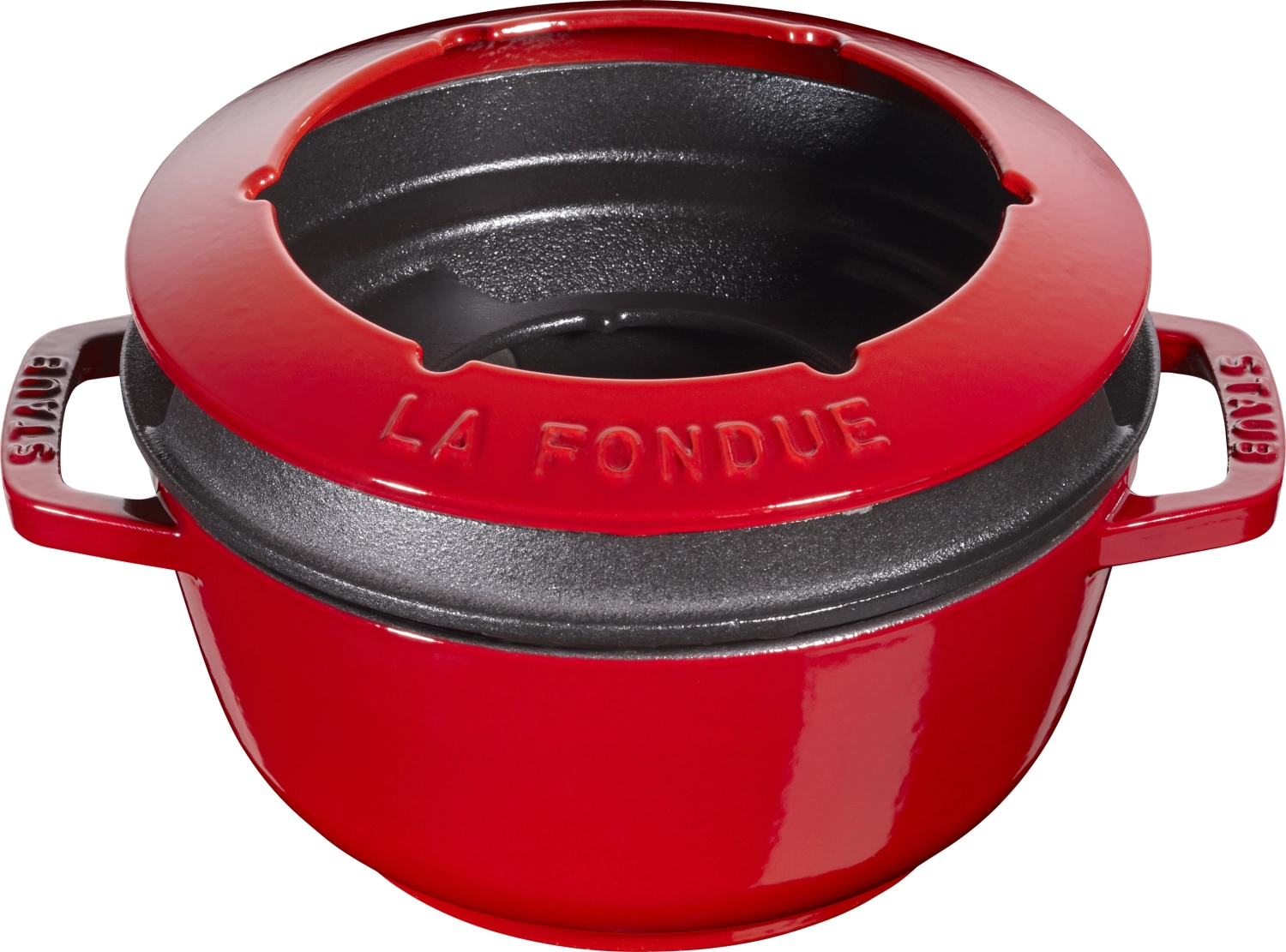Service à fondue rouge cerise avec 2 poignées, rond. 18 cm