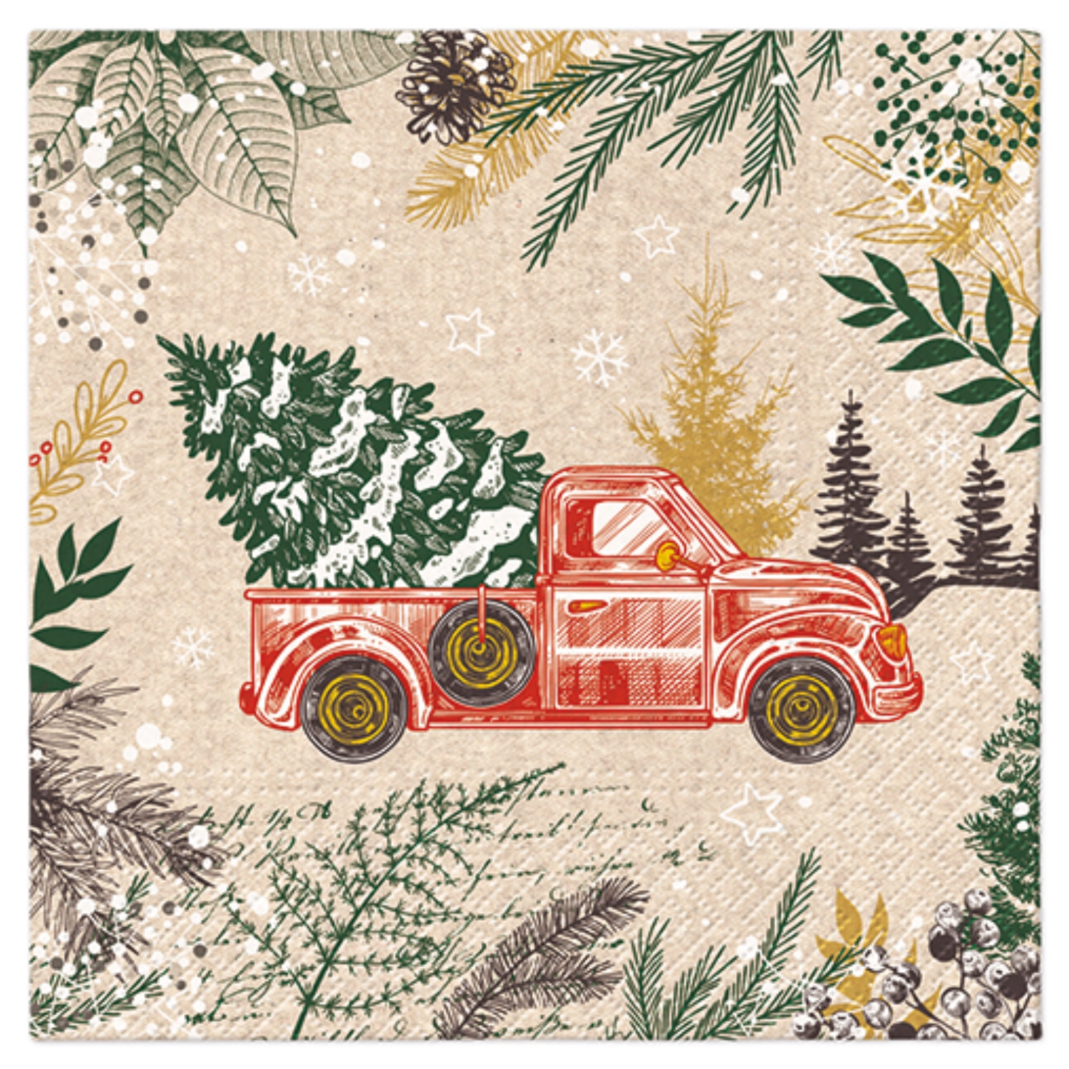 Servietten Lunch 20x We care Vintage Christmas Car, 33x33cm